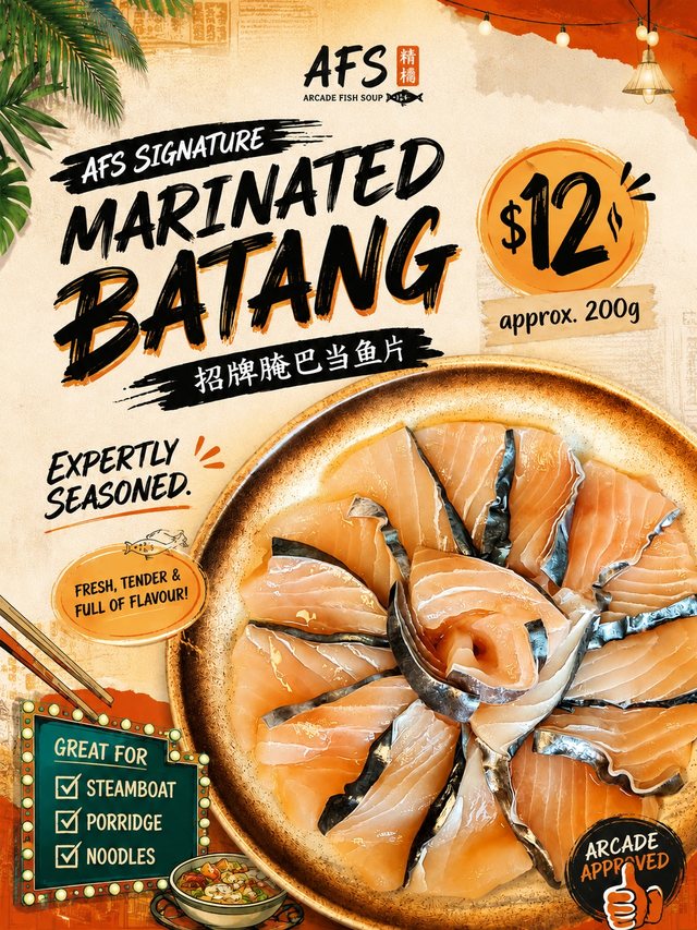 AFS Signature Marinated Batang poster — sliced marinated batang on a plate, approx 200g, $12