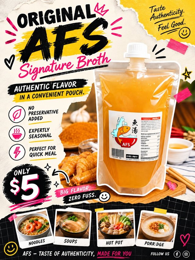 Original AFS Signature Broth poster — a pouch of fish broth, approx 750ml, $5, no preservatives added