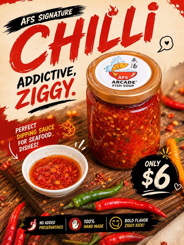 AFS Signature Chilli poster — a jar of house chilli with fresh chillies, 250ml, $6