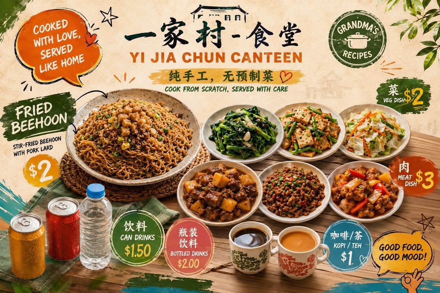 Yi Jia Chun Canteen poster: a large plate of fried beehoon with pork lard $2, plus stir-fried vegetable dishes $2, braised and stir-fried meat dishes $3, canned drinks $1.50, bottled drinks $2, and kopi or teh $1. Cook from scratch, served with care.