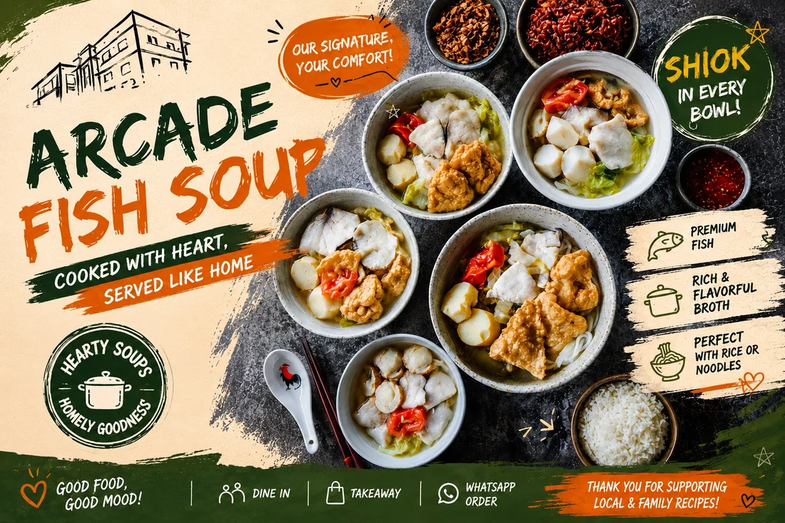 Arcade Fish Soup poster: five bowls of fish soup with sliced fish, fried fish, fish cake, scallops and noodles, with fried garlic, chilli and a bowl of rice on the side. Cooked with heart, served like home. Premium fish, rich and flavourful broth, perfect with rice or noodles.