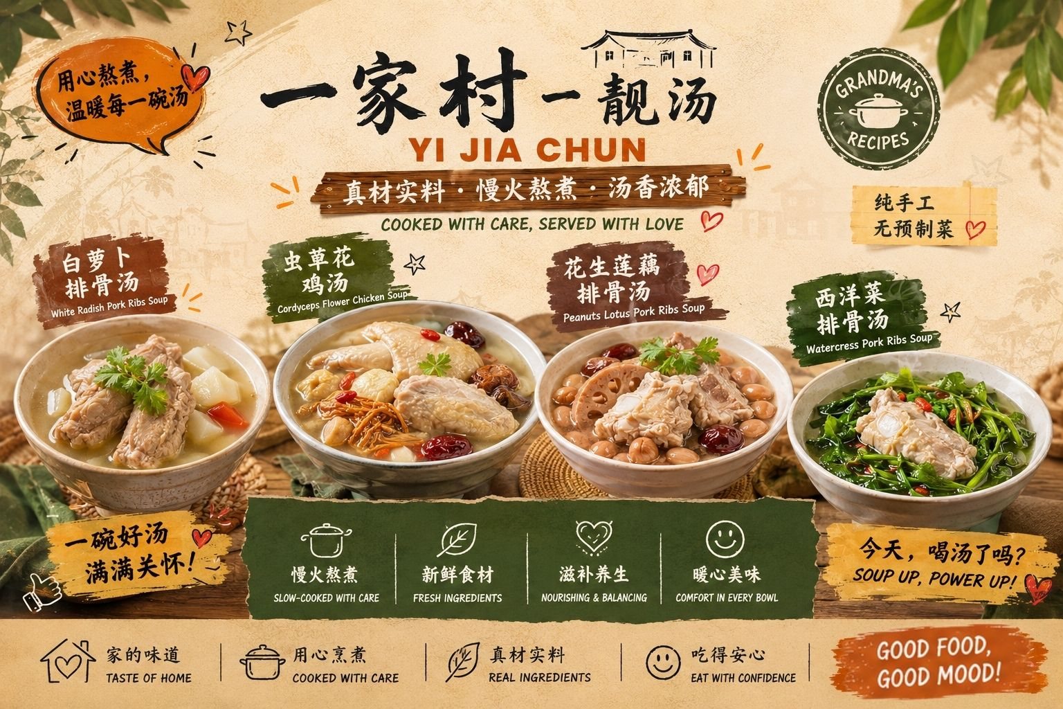 Yi Jia Chun poster: four double-boiled tonic soups — white radish pork ribs, cordyceps flower chicken, peanut and lotus root pork ribs, and watercress pork ribs. Cooked with care, served with love.